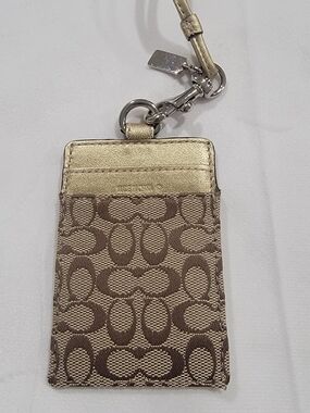 Coach Signature Card Holder Lanyard in Metallic Gold and Brown